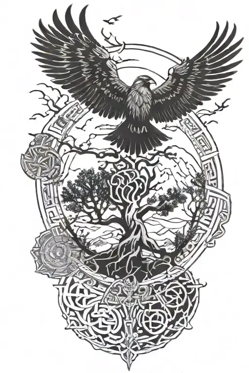 The Valhalla symbol in the circle of runes, Yggdrasil is growing from the circle and there are 2 flying crows next to it tattoo design idea