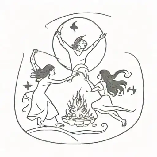 witches dancing around a fire under the moon tattoo design idea