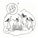 witches dancing around a fire under the moon tattoo design idea