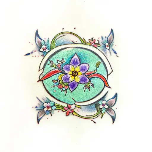 A traditional tattoo design showcasing forget me not flowers and green leaf vines, with a semi colon incorporated in a unique way tattoo design idea