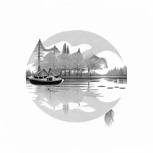 A serene landscape with a river, fishing boats, and jumping salmon tattoo design idea