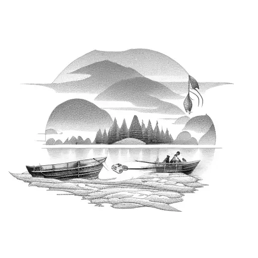 A serene landscape with a river, fishing boats, and jumping salmon tattoo design idea
