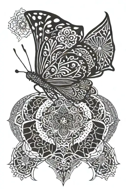 butterfly with mandala and geometric background black tattoo design idea
