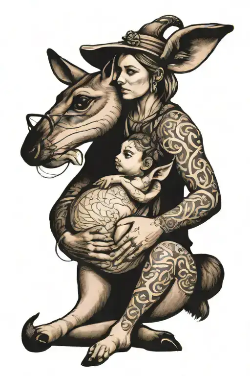 kangaroo and girl sitting with him tattoo design idea