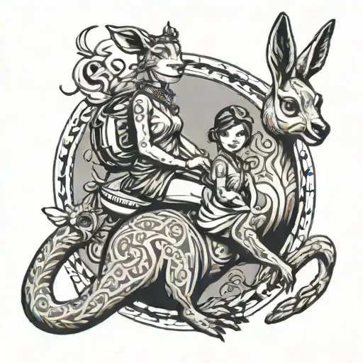 kangaroo and girl riding tattoo design idea