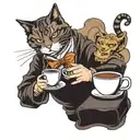 ghost with coffee and books and cats surrounding tattoo design idea