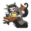 ghost with coffee and books and cats surrounding tattoo design idea