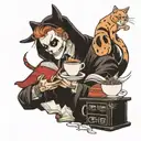ghost with coffee and books and cats surrounding tattoo design idea