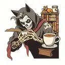 ghost with coffee and books and cats surrounding tattoo design idea