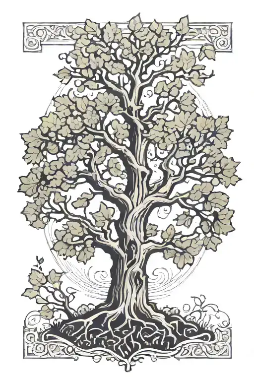 Tattoo of an oak tree. Vertically, one half is rotten while the other half is full of leaves.  tattoo design idea