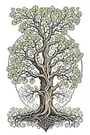 Tattoo of an oak tree. Vertically, one half is rotten while the other half is full of leaves.  tattoo design idea
