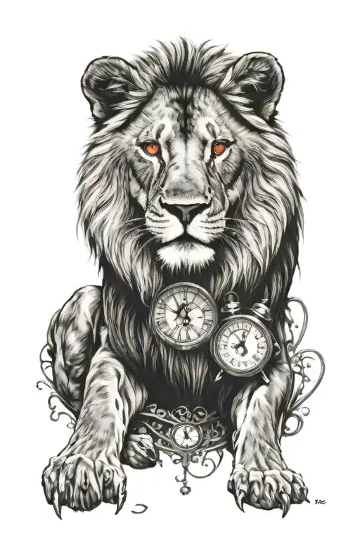 lion with a clock and red eyes  tattoo design idea