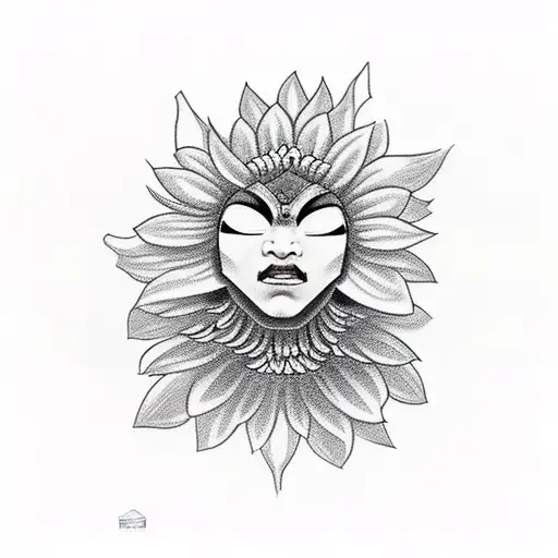 pretty girl black hair, holding a oni mask covering half of her face, chrysanthemums on the bottom half  tattoo design idea