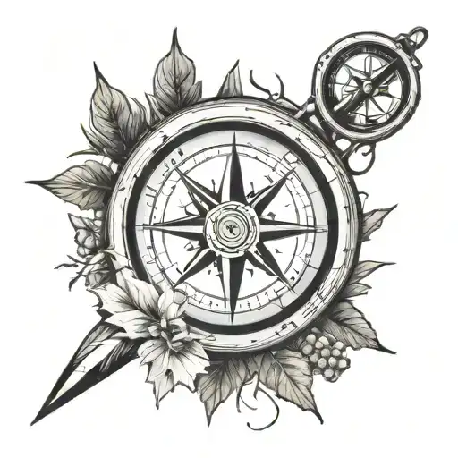 A neo traditional black and grey tattoo of a compass surrounded by white oak wood tones and hiking trail markers tattoo design idea