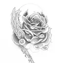 Heaven stairs leading up to gates with clouds, angel, and roses tattoo tattoo design idea