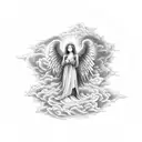 Heaven stairs leading up to gates with clouds, angel, and roses tattoo tattoo design idea