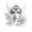 Heaven stairs leading up to gates with clouds, angel, and roses tattoo tattoo design idea
