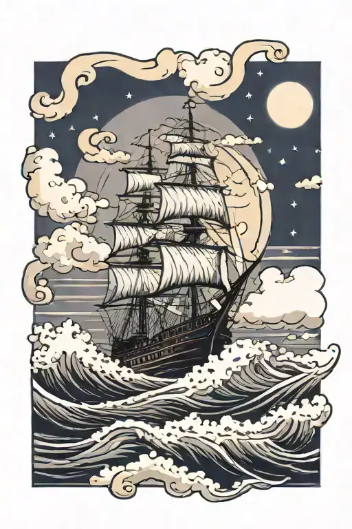 ship sailing through stormy seas with lighthouse in the background, clouds and moon tattoo design idea