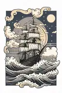 ship sailing through stormy seas with lighthouse in the background, clouds and moon tattoo design idea