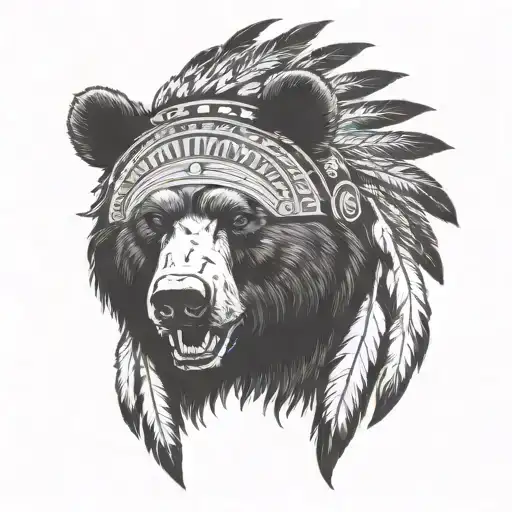 angry black bear with Indian chief headdress   tattoo design idea