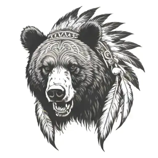 angry black bear with Indian headdress   tattoo design idea