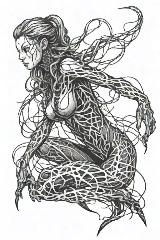 Black and white Sarah Kerrigan. She has a web behind her back that looks like lightning. tattoo design idea