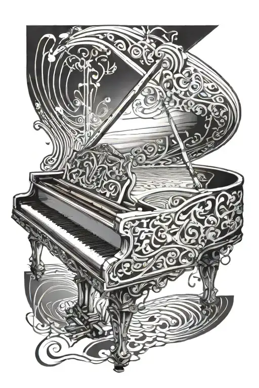 A detailed portrait of a grand piano with musical notes swirling around it tattoo design idea