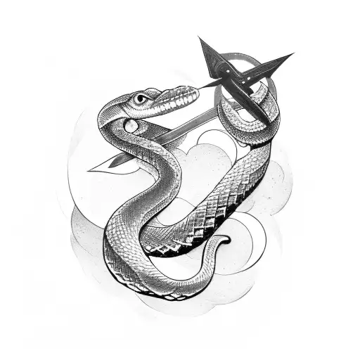 snake wrapped around sword with moon and stars tattoo design idea