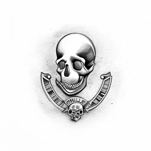A police badge with a skull, crossbow, and an hourglass pouring sand tattoo design idea