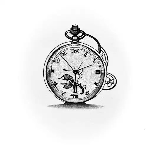A minimalist tattoo of the White Rabbit's pocket watch entangled with ivy vines, representing the concept of time and its importance in Alice in Wonderland tattoo design idea