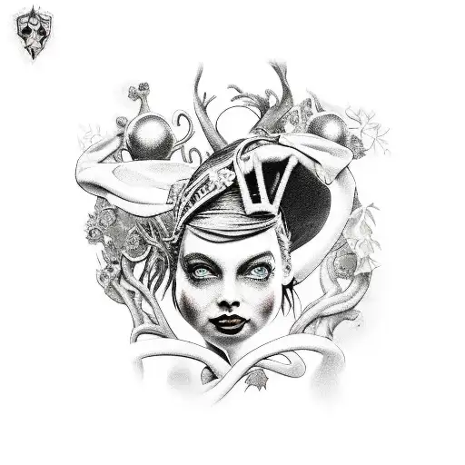 A black and grey tattoo of Alice in Wonderland surrounded by ivy tattoo design idea