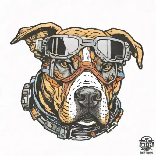 Pitbull with snowboard goggles on reflecting the mountains  tattoo design idea