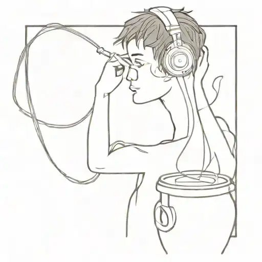 A tattoo design of a tall, slender boy with a serene expression, listening to the sound of boiling water in a cracked pot through headphones tattoo design idea