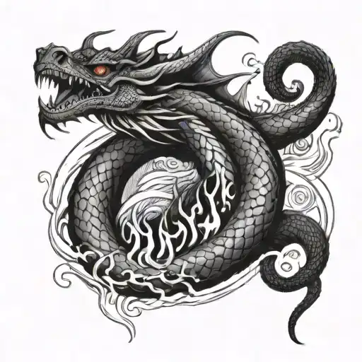 A tattoo design of a dragon emerging from a pool of water, with a snake slithering through flames nearby tattoo design idea