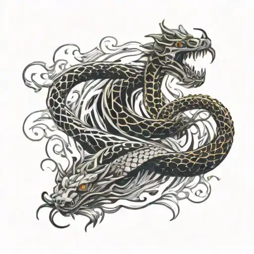 A tattoo design featuring a snake and dragon intertwined, surrounded by flames and water elements tattoo design idea