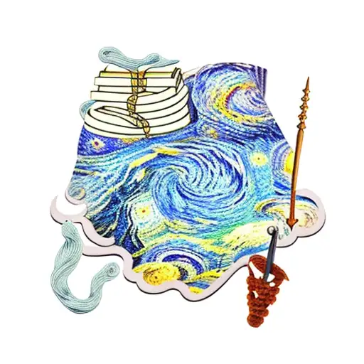 A traditional style tattoo depicting a stack of books with crochet hooks and yarn intertwined, with Van Gogh's Starry Night as the background tattoo design idea