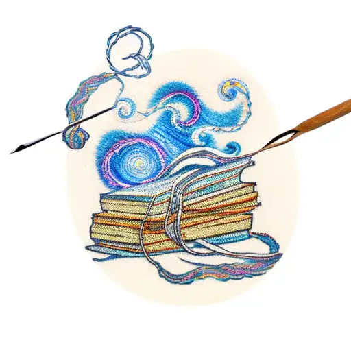 A traditional style tattoo depicting a stack of books with crochet hooks and yarn intertwined, with Van Gogh's Starry Night as the background tattoo design idea