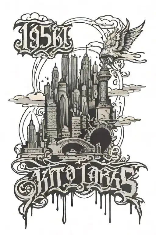 1985 text with city skyline inside surrounded tattoo design idea