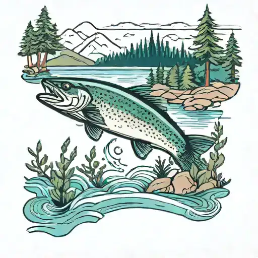 evergreens on bank of a lake. A trout jumping out of water. A mountain. tattoo design idea