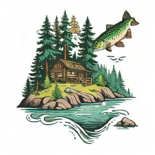 evergreens on bank of a river. A trout jumping out of water. A mountain. a cabin.  tattoo design idea