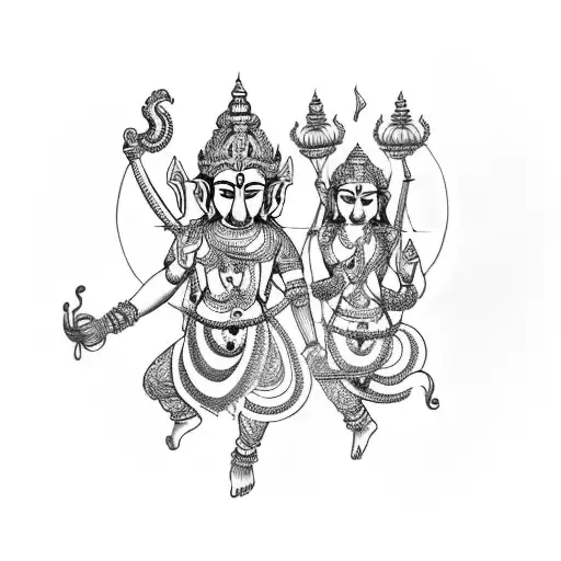 A dotwork tattoo of Lord Murugan Vel and Lord Ganesh playing a musical duet tattoo design idea
