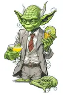 Barney Stinson’s body drinking a martini in realism with yoda’s head in the clone wars series style tattoo design idea