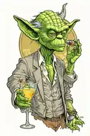 Barney Stinson’s body drinking a martini in realism with yoda’s head in the clone wars series style tattoo design idea