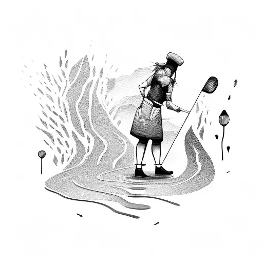 A stylized chef knife with a trail of footprints leading to a scenic outdoor landscape tattoo design idea