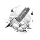A stylized chef knife with a trail of footprints leading to a scenic outdoor landscape tattoo design idea