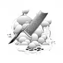 A stylized chef knife with a trail of footprints leading to a scenic outdoor landscape tattoo design idea