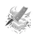 A stylized chef knife with a trail of footprints leading to a scenic outdoor landscape tattoo design idea