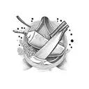 A detailed Japanese chef knife surrounded by various cooking ingredients like herbs and spices tattoo design idea