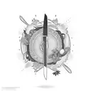 A detailed Japanese chef knife surrounded by various cooking ingredients like herbs and spices tattoo design idea