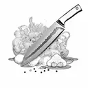 A detailed Japanese chef knife surrounded by various cooking ingredients like herbs and spices tattoo design idea